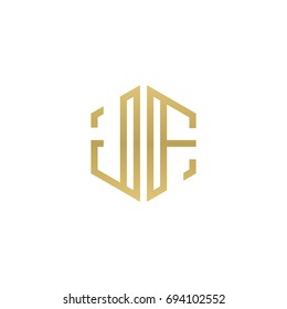 Initial letter JF, minimalist line art hexagon shape logo, gold color