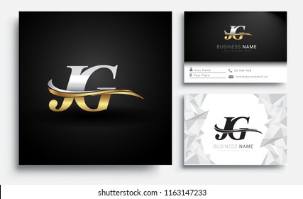 initial letter JG logotype company name colored gold and silver swoosh design. Vector sets for business identity on white background.