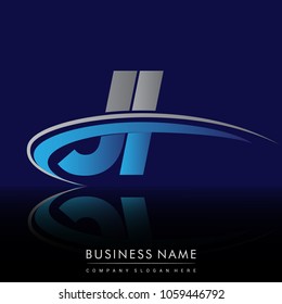 initial letter JI logotype company name colored blue and grey swoosh design. vector logo for business and company identity.