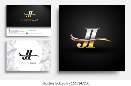 initial letter JI logotype company name colored gold and silver swoosh design. Vector sets for business identity on white background.