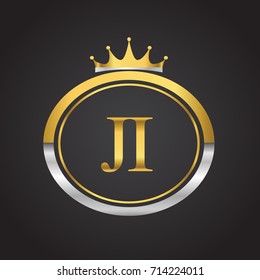 initial letter JI logotype company name with oval shape and crown, gold and silver color. vector logo for business and company identity.