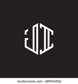 Initial letter JI, minimalist line art monogram hexagon shape logo, white color on black background