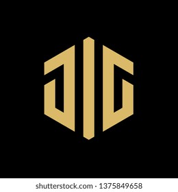 Initial letter JIG or GIG hexagon logo, gold on black background, vector illustration design