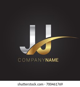 Anfangsbuchstabe JJ logotype Firmenname gefärbt Gold und silberne Swoosh Design. einzeln auf schwarzem Hintergrund.