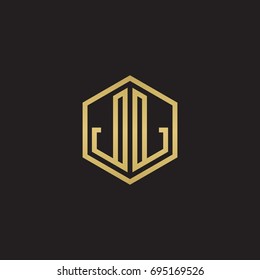 Initial letter JJ mirror, minimalist line art hexagon logo, gold color on black background