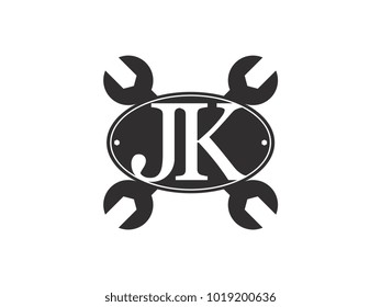 Initial letter JK logo automotive club with crossed wrench black