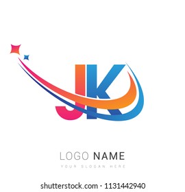 initial letter JK logotype company name colored orange, red and blue swoosh star design. vector logo for business and company identity.