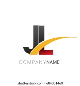 initial letter JL logotype company name colored red, black and yellow swoosh design. isolated on white background.
