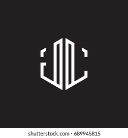 Initial letter JL, minimalist line art monogram hexagon shape logo, white color on black background