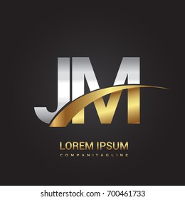 initial letter JM logotype company name colored gold and silver swoosh design. isolated on black background.