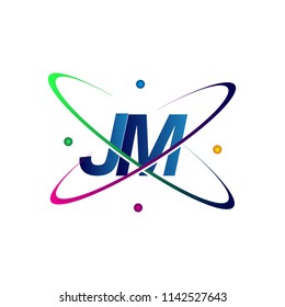 initial letter JM logotype science icon colored blue, red, green and yellow swoosh design. vector logo for business and company identity.
