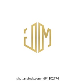 Initial letter JM, minimalist line art hexagon shape logo, gold color