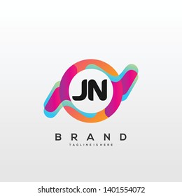 Initial letter JN logo with colorful circle background, letter combination logo design for creative industry, web, business and company. - Vector