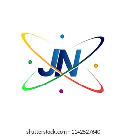 initial letter JN logotype science icon colored blue, red, green and yellow swoosh design. vector logo for business and company identity.
