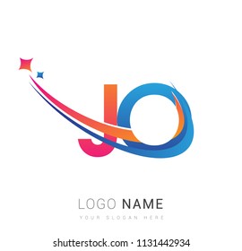 initial letter JO logotype company name colored orange, red and blue swoosh star design. vector logo for business and company identity.