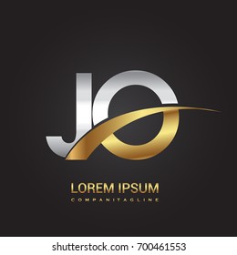 initial letter JO logotype company name colored gold and silver swoosh design. isolated on black background.