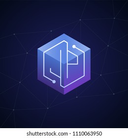 Initial letter JP, block chain, looping mono line circuit letter on hexagon cube logo, blue magenta gradient color on black blue network background
