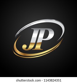initial letter JP logotype company name colored gold and silver swoosh design. isolated on black background.