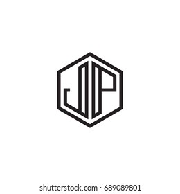 Initial letter JP, minimalist line art monogram hexagon logo, black color