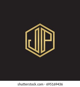 Initial letter JP, minimalist line art hexagon logo, gold color on black background