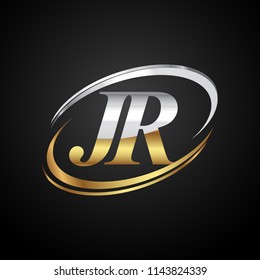 initial letter JR logotype company name colored gold and silver swoosh design. isolated on black background.