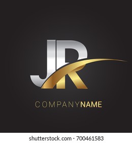 initial letter JR logotype company name colored gold and silver swoosh design. isolated on black background.