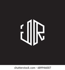 Initial letter JR, minimalist line art monogram hexagon shape logo, white color on black background