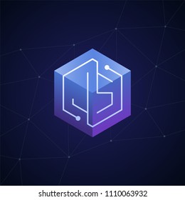 Initial letter JS, block chain, looping mono line circuit letter on hexagon cube logo, blue magenta gradient color on black blue network background