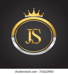 initial letter JS logotype company name with oval shape and crown, gold and silver color. vector logo for business and company identity.
