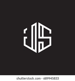 Initial letter JS, minimalist line art monogram hexagon shape logo, white color on black background