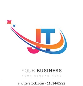 initial letter JT logotype company name colored orange, red and blue swoosh star design. vector logo for business and company identity.