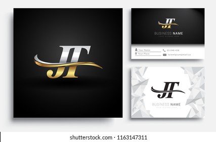 initial letter JT logotype company name colored gold and silver swoosh design. Vector sets for business identity on white background.