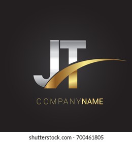 initial letter JT logotype company name colored gold and silver swoosh design. isolated on black background.