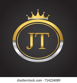 initial letter JT logotype company name with oval shape and crown, gold and silver color. vector logo for business and company identity.