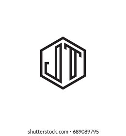 Initial letter JT, minimalist line art monogram hexagon logo, black color