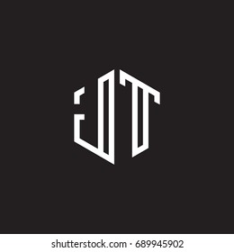 Initial letter JT, minimalist line art monogram hexagon shape logo, white color on black background