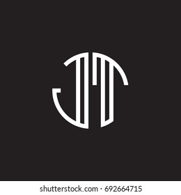 Initial letter JT, minimalist line art monogram circle shape logo, white color on black background