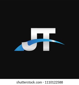 Initial letter JT, overlapping movement swoosh logo, metal silver blue color on black background