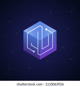 Initial letter JU, block chain, looping mono line circuit letter on hexagon cube logo, blue magenta gradient color on black blue network background