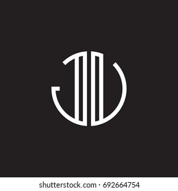 Initial letter JU, JV, minimalist line art monogram circle shape logo, white color on black background