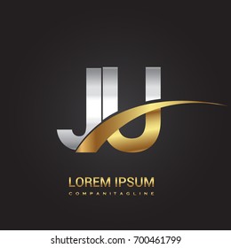initial letter JU logotype company name colored gold and silver swoosh design. isolated on black background.