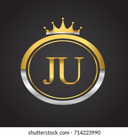 initial letter JU logotype company name with oval shape and crown, gold and silver color. vector logo for business and company identity.