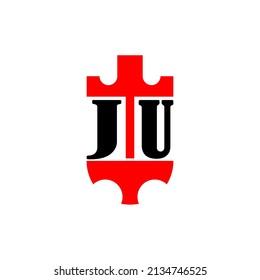 Initial letter JU red crown shield simple logo. Minimal and unique.