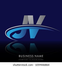 initial letter JV logotype company name colored blue and grey swoosh design. vector logo for business and company identity.
