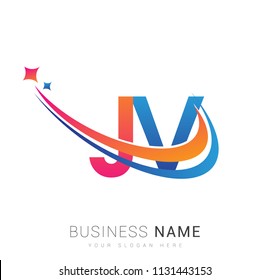 initial letter JV logotype company name colored orange, red and blue swoosh star design. vector logo for business and company identity.