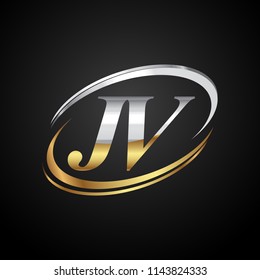 initial letter JV logotype company name colored gold and silver swoosh design. isolated on black background.