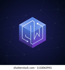 Initial letter JW, block chain, looping mono line circuit letter on hexagon cube logo, blue magenta gradient color on black blue network background