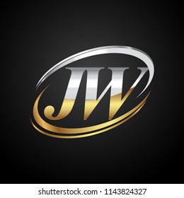initial letter JW logotype company name colored gold and silver swoosh design. isolated on black background.