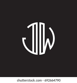 Initial letter JW, minimalist line art monogram circle shape logo, white color on black background