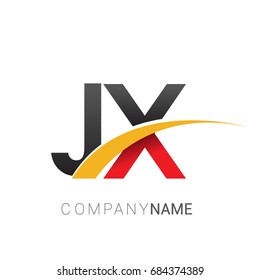 initial letter JX logotype company name colored red, black and yellow swoosh design. isolated on white background.
